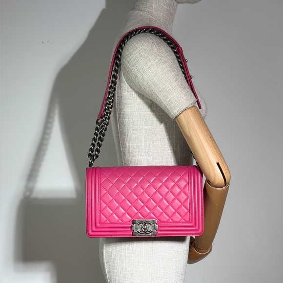 CHANEL Fuchsia Pink Quilted Calfskin Boy Bag Medium SHW - Picture 14 of 16